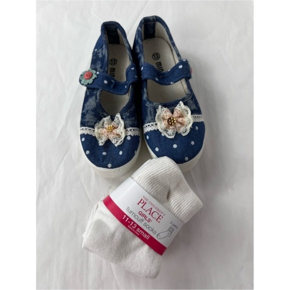 mine Navy Blue Polka Dot Mary Jane Shoes Size 13 with Lace Flowers & girls socks
